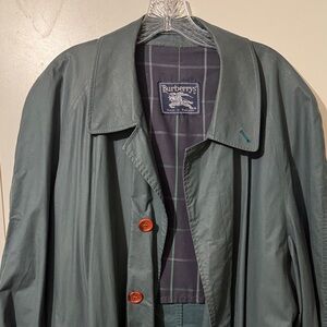 Vintage Burberry  Dark Green/Teal Cotton Wax Rain Trench Coat with Plaid Lining